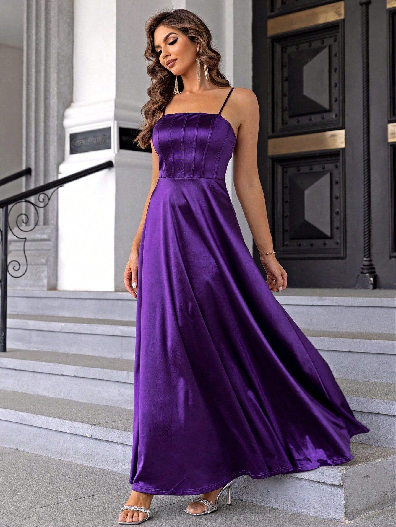 Satin Maxi Dress for Women Spaghetti Strap A Line Formal Wear Camisole