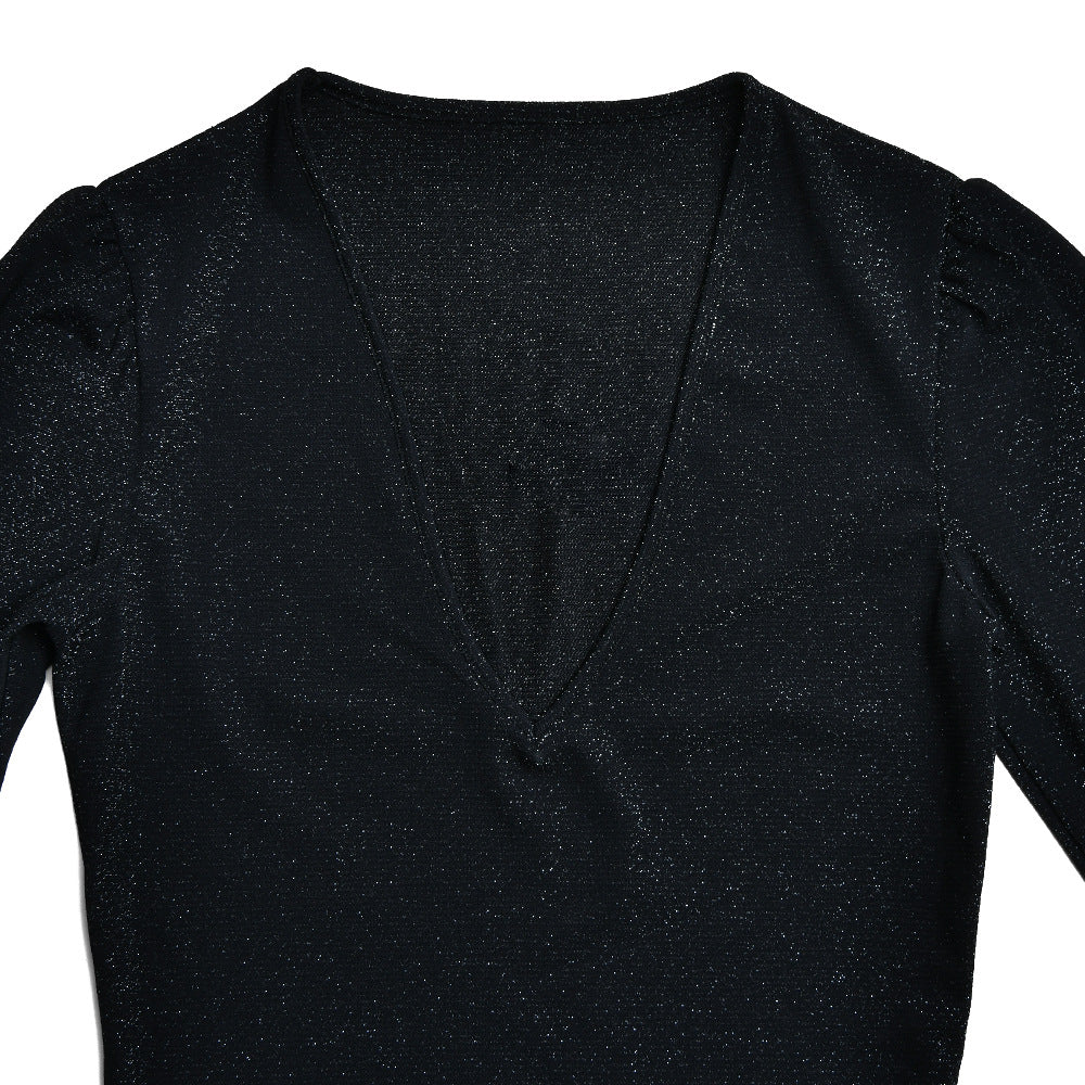 Sultry Bodycon Mini Dress with Flared Sleeves and a Plunging VNeck for Fall Evenings