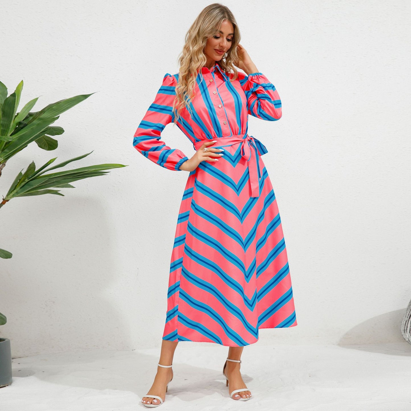 Elegant Striped Maxi Dress with Lantern Sleeves and Button Details for Effortless Style