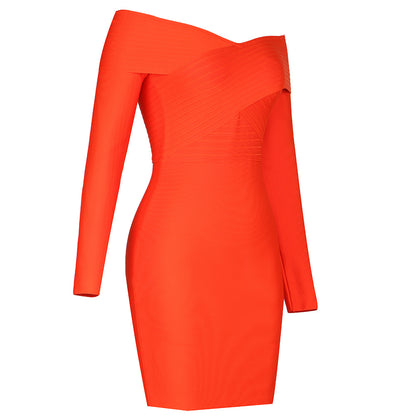 Orange Striped Bodycon Dress Long Sleeve VNeck for Elegant Evening Events Party Nights