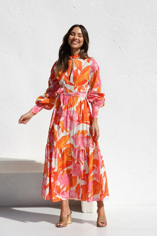 Floral Print Midi Dress with Lantern Sleeves and Belted Waist for Chic Everyday Style