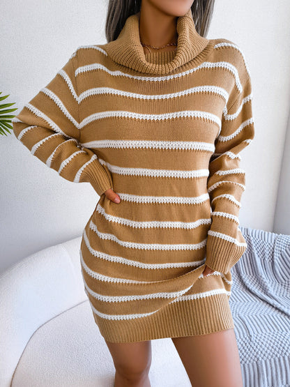 Cozy Turtleneck Striped Sweater Dress for Fall Winter Womens Fashion Base Dress