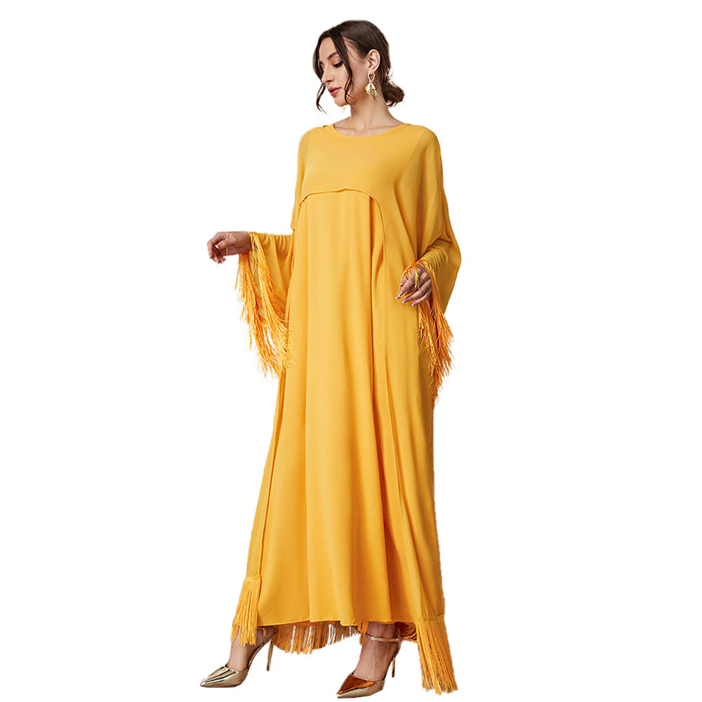 Effortless Chic Maxi Dress with Tassels and Mesh Sleeves for Spring and Fall Style Staple