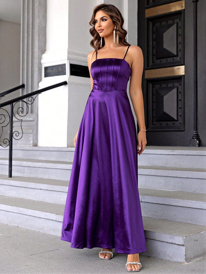Satin Maxi Dress for Women Spaghetti Strap A Line Formal Wear Camisole