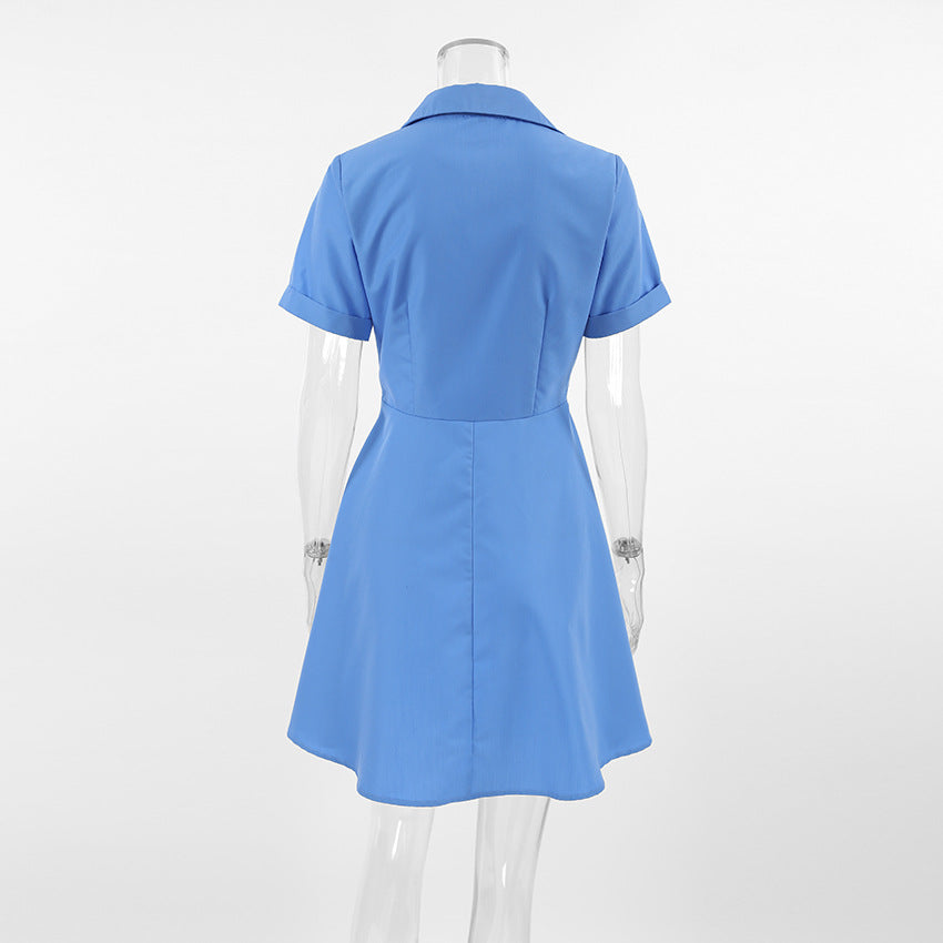 Summer Chic Collared Short Sleeve Slim Fit Dress for Women Office Wear Blue Dress