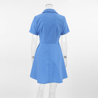 Summer Chic Collared Short Sleeve Slim Fit Dress for Women Office Wear Blue Dress