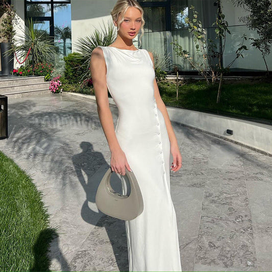 Sleeveless Maxi Dress Summer Fashion Slim Fit Button Detail for Womens Outfit