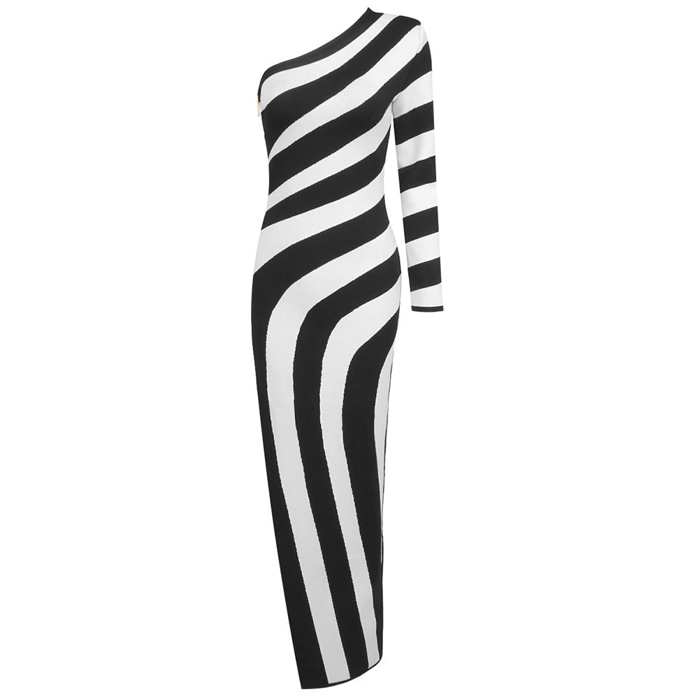 Black and White Striped Maxi Dress with One Shoulder and High Slit for Effortless Chic