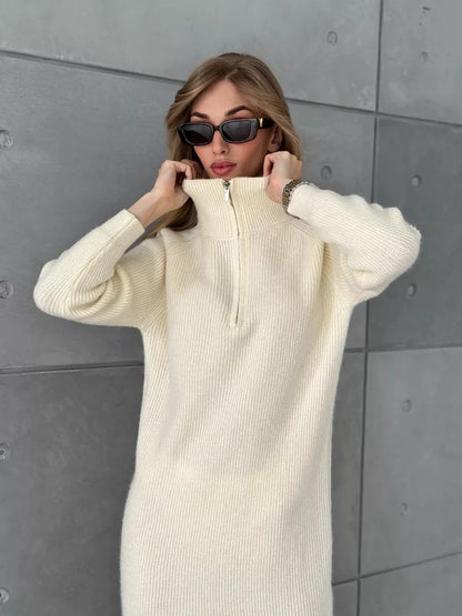 Cozy Chic Knitted Dress Womens Autumn Winter Long Sleeve Midi Dress Simple Versatile Style