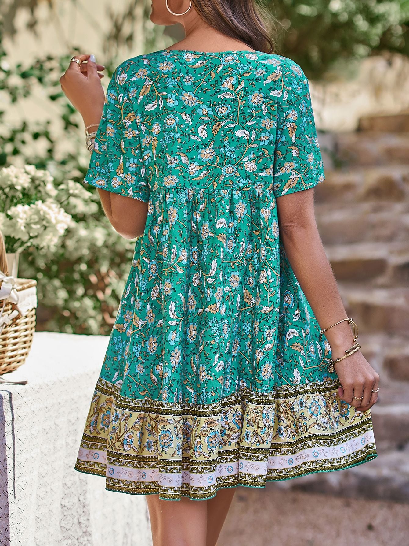 Bohemian Floral A Line Mini Dress for Summer Vacations Womens Fashion