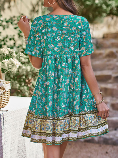 Bohemian Floral A Line Mini Dress for Summer Vacations Womens Fashion