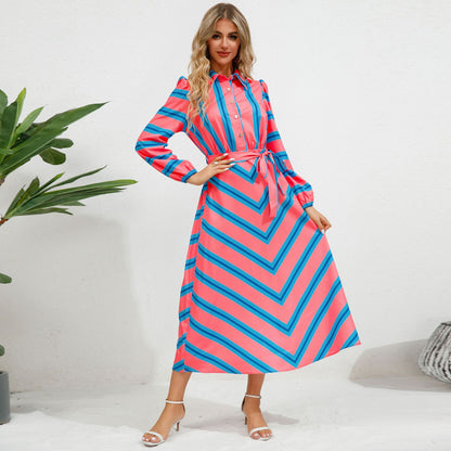 Elegant Striped Maxi Dress with Lantern Sleeves and Button Details for Effortless Style