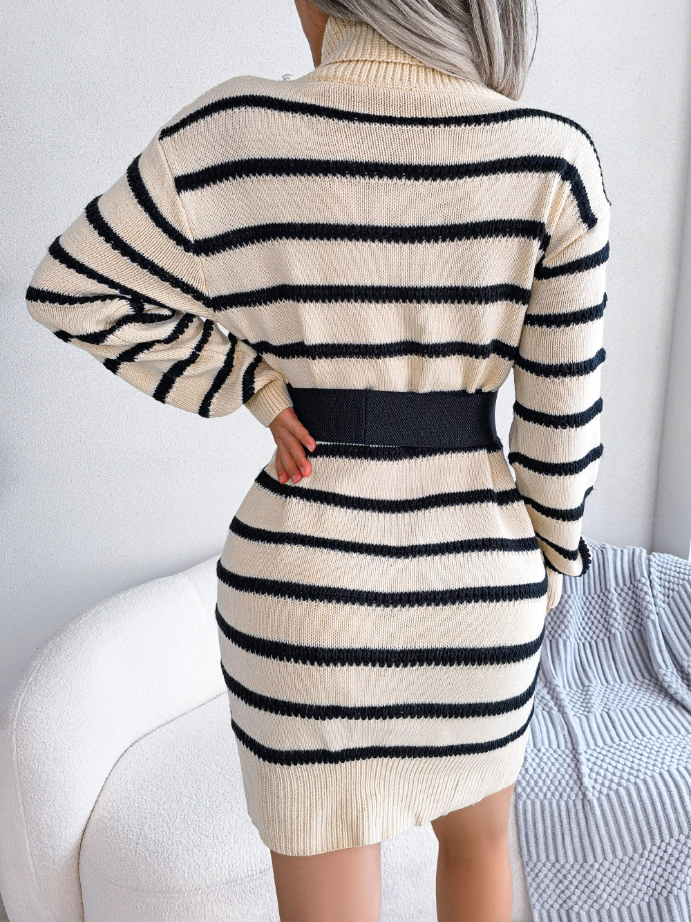 Cozy Turtleneck Striped Sweater Dress for Fall Winter Womens Fashion Base Dress