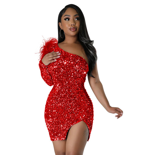 One Shoulder Sequin Mini Dress Party Ready for an Evening Out Look Glamorous