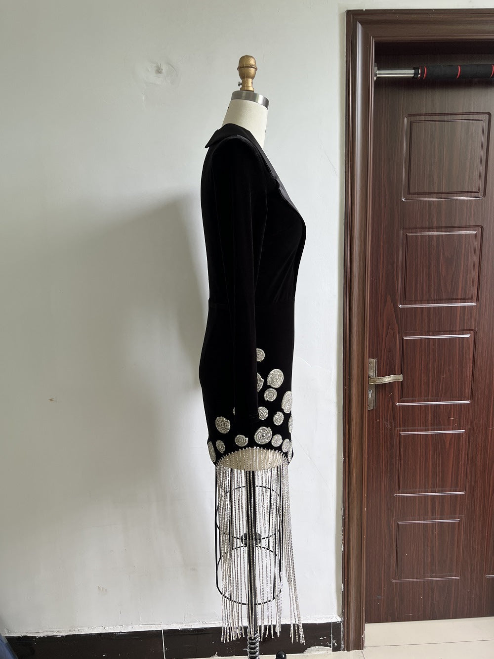 Black Corduroy Bodycon Blazer Dress Fringe Hem Long Sleeve Elegant Party Outfit