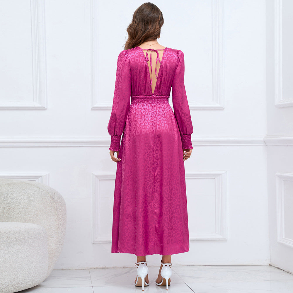 Autumn Leopard Print Maxi Dress VNeck Long Sleeve Ruffled Elegant ALine Dress for Women