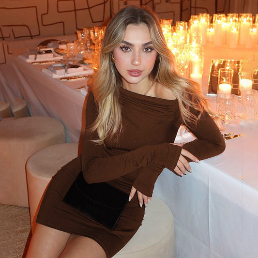 One Shoulder Mini Dress for Women Long Sleeve Slim Fit Autumn Outfit