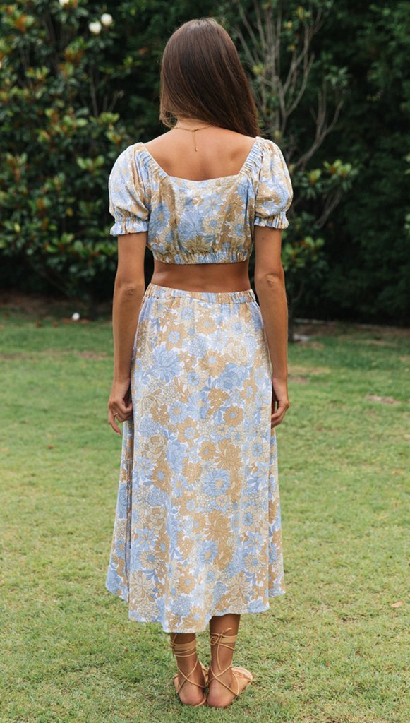 Boho Floral Print Crop Top and Midi Skirt Set for Summer Vacation Outfits