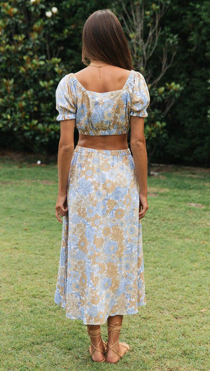 Boho Floral Print Crop Top and Midi Skirt Set for Summer Vacation Outfits