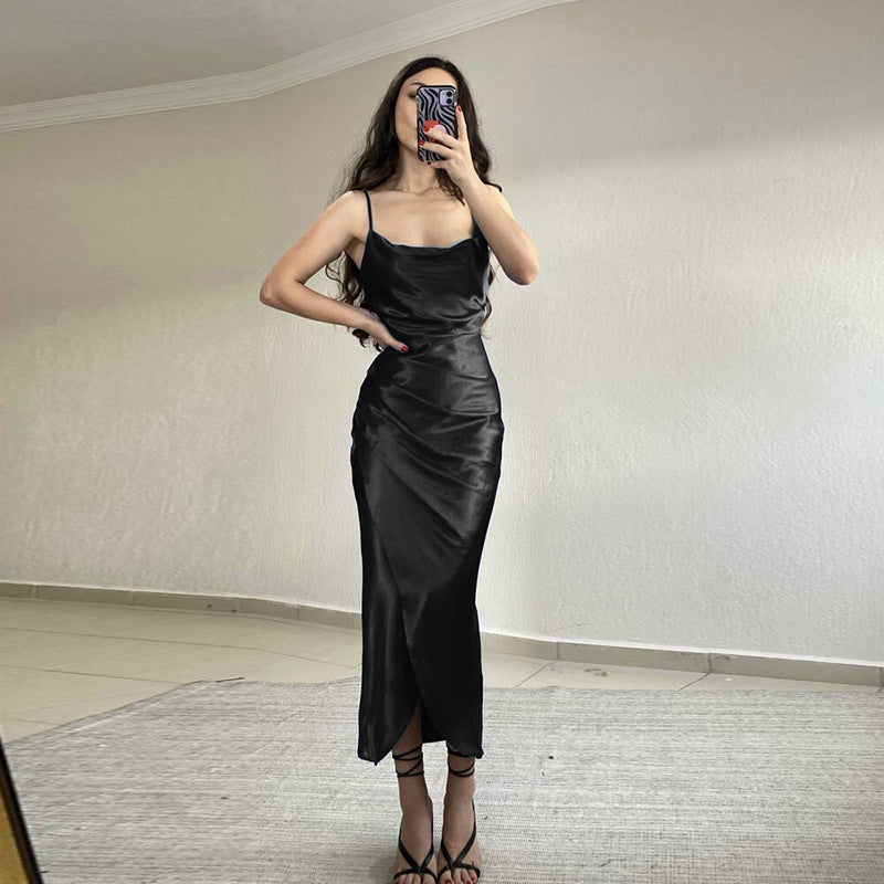Slinky Satin Maxi Dress with Cowl Neckline and Backless Design for Elegant Evenings