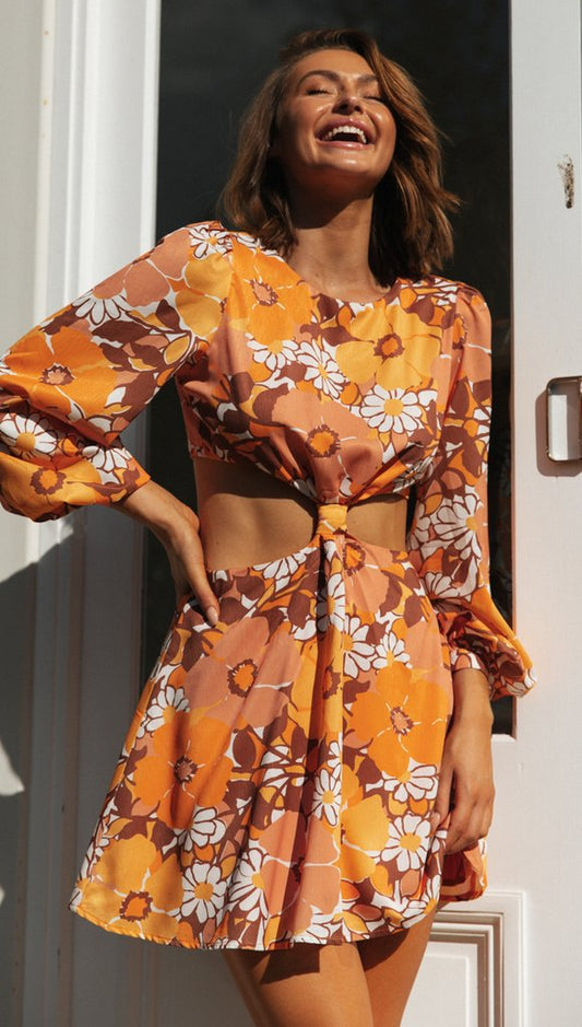 Printed Mini Dress VNeck Lantern Sleeve Design for Women Summer Outfits Chic Style
