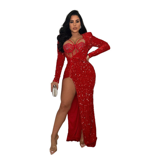 Sequin Maxi Dress for a Night Out Stunning VNeck Bodycon Party Gown
