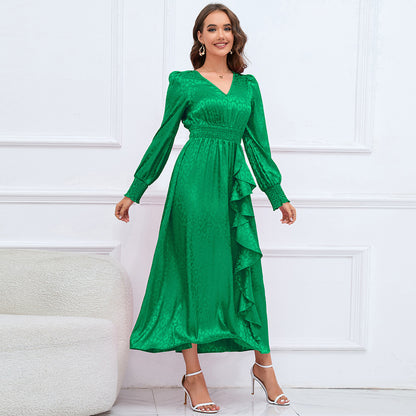 Autumn Leopard Print Maxi Dress VNeck Long Sleeve Ruffled Elegant ALine Dress for Women