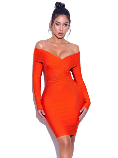 Orange Striped Bodycon Dress Long Sleeve VNeck for Elegant Evening Events Party Nights