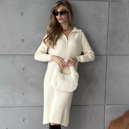 Cozy Chic Knitted Dress Womens Autumn Winter Long Sleeve Midi Dress Simple Versatile Style