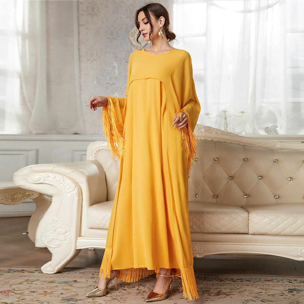 Effortless Chic Maxi Dress with Tassels and Mesh Sleeves for Spring and Fall Style Staple