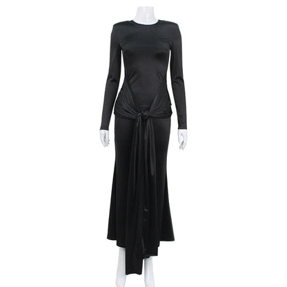 Elegant Satin Maxi Dress for Women Slim Fit with Long Sleeves and Tied Waist Spring Fashion