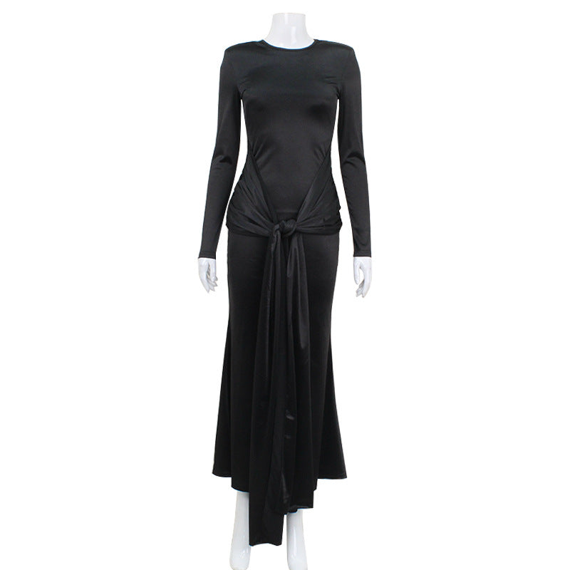 Elegant Satin Maxi Dress for Women Slim Fit with Long Sleeves and Tied Waist Spring Fashion