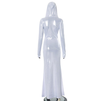 White Hooded Maxi Dress for Party Nights Elegant Slim Fit Long Sleeve Dress for Women