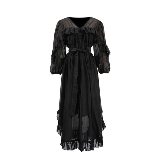 Elegant Asymmetrical Maxi Dress with a VNeck for Spring and Fall Occasions
