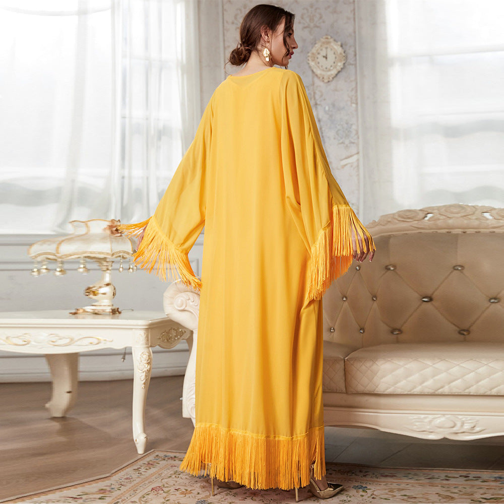 Effortless Chic Maxi Dress with Tassels and Mesh Sleeves for Spring and Fall Style Staple